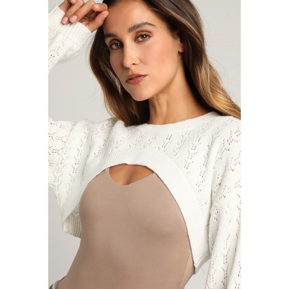 Lulus Little Layer White Pointelle Knit Long Sleeve Shrug Sweater - Size L